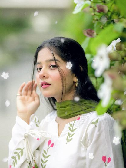 White Floral Cotton Kurta Set with Pant & Dupatta for Women
