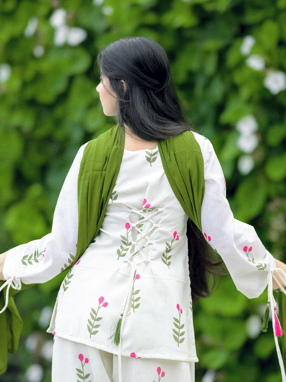 White Floral Cotton Kurta Set with Pant & Dupatta for Women