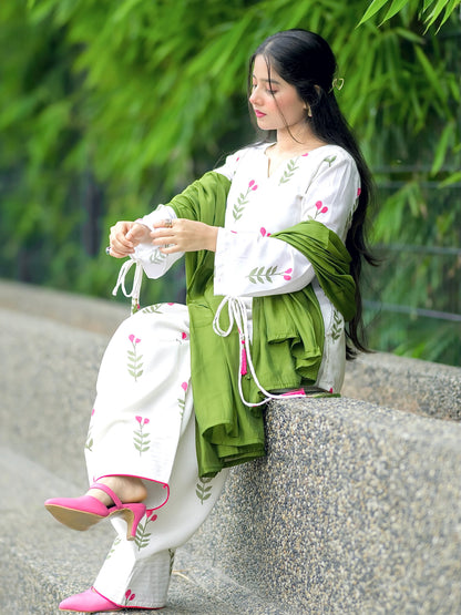 White Floral Cotton Kurta Set with Pant & Dupatta for Women