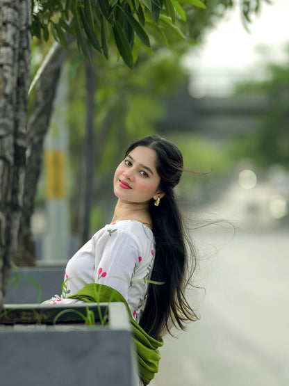 White Floral Cotton Kurta Set with Pant & Dupatta for Women