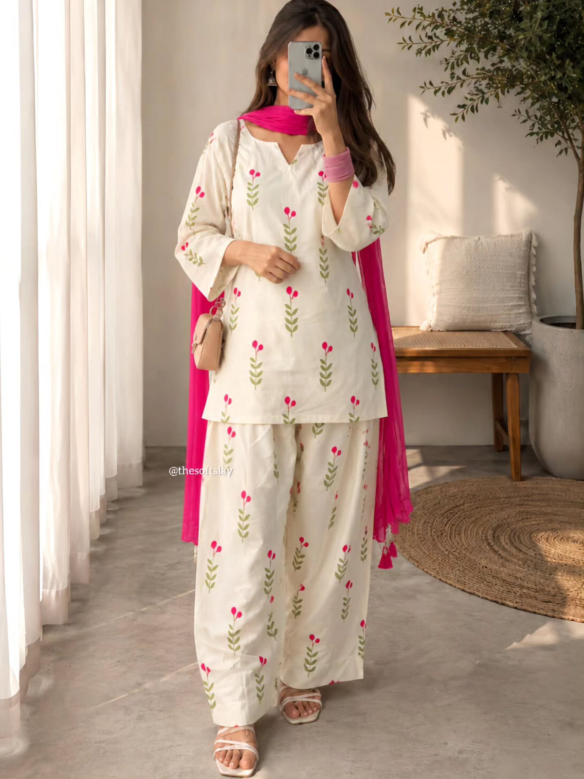 White Floral Cotton Kurta Set with Pant & Dupatta for Women