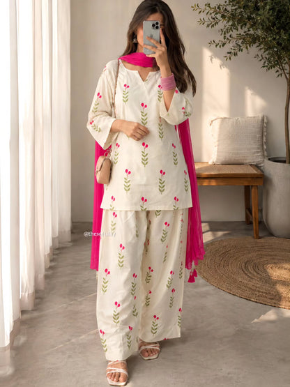 White Floral Cotton Kurta Set with Pant & Dupatta for Women