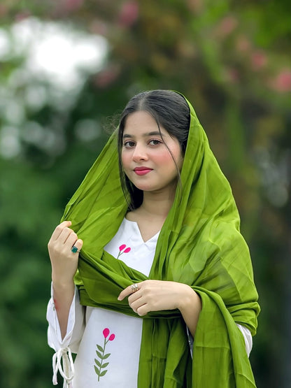 White Floral Cotton Kurta Set with Pant & Dupatta for Women