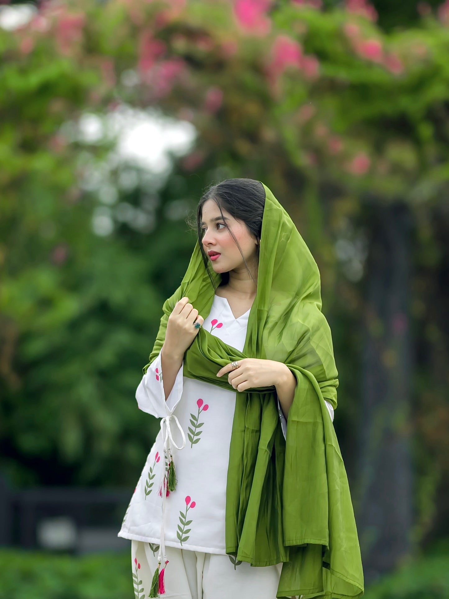 White Floral Cotton Kurta Set with Pant & Dupatta for Women
