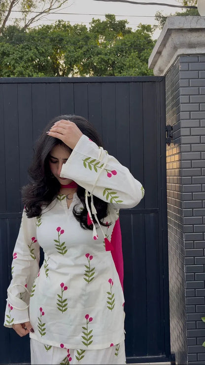 White Floral Cotton Kurta Set with Pant & Dupatta for Women