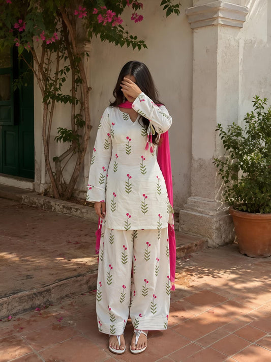 White Floral Cotton Kurta Set with Pant & Dupatta for Women