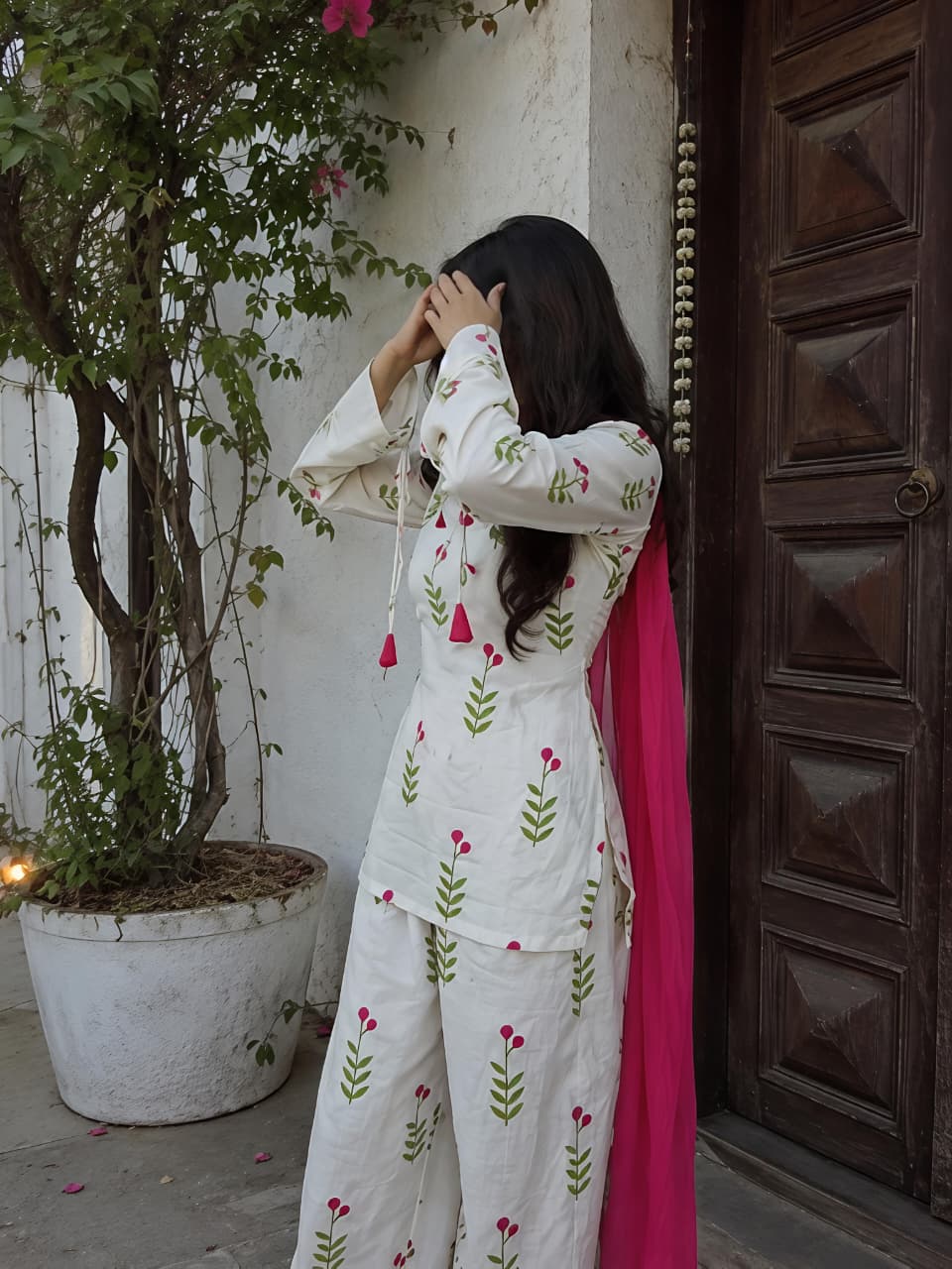 White Floral Cotton Kurta Set with Pant & Dupatta for Women