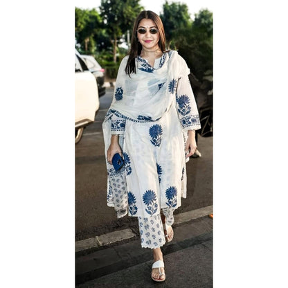 Elegant White & Blue Floral Printed Cotton Suit Set with Dupatta, Stylish Daily Wear
