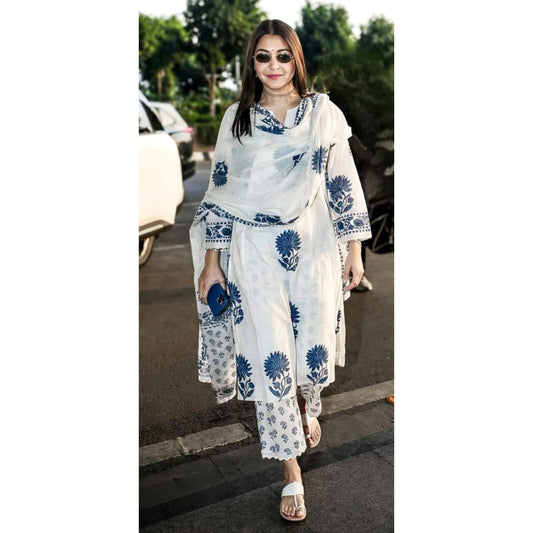 Elegant White & Blue Floral Printed Cotton Suit Set with Dupatta, Stylish Daily Wear