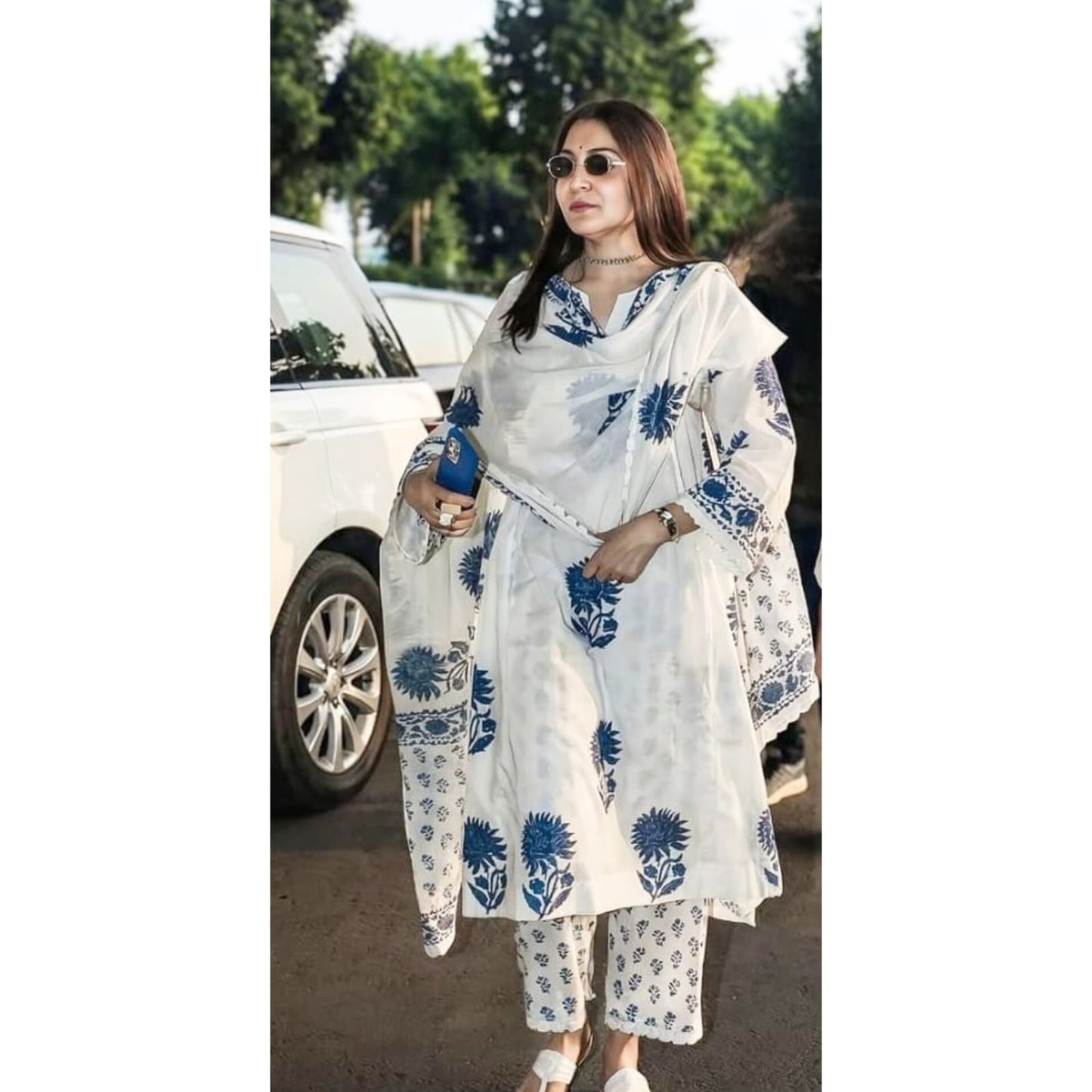 Elegant White & Blue Floral Printed Cotton Suit Set with Dupatta, Stylish Daily Wear