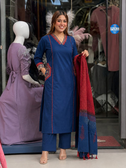 Premium Pure Cotton Embroidered Suit Set with Dupatta and Pockets (AJMD03)