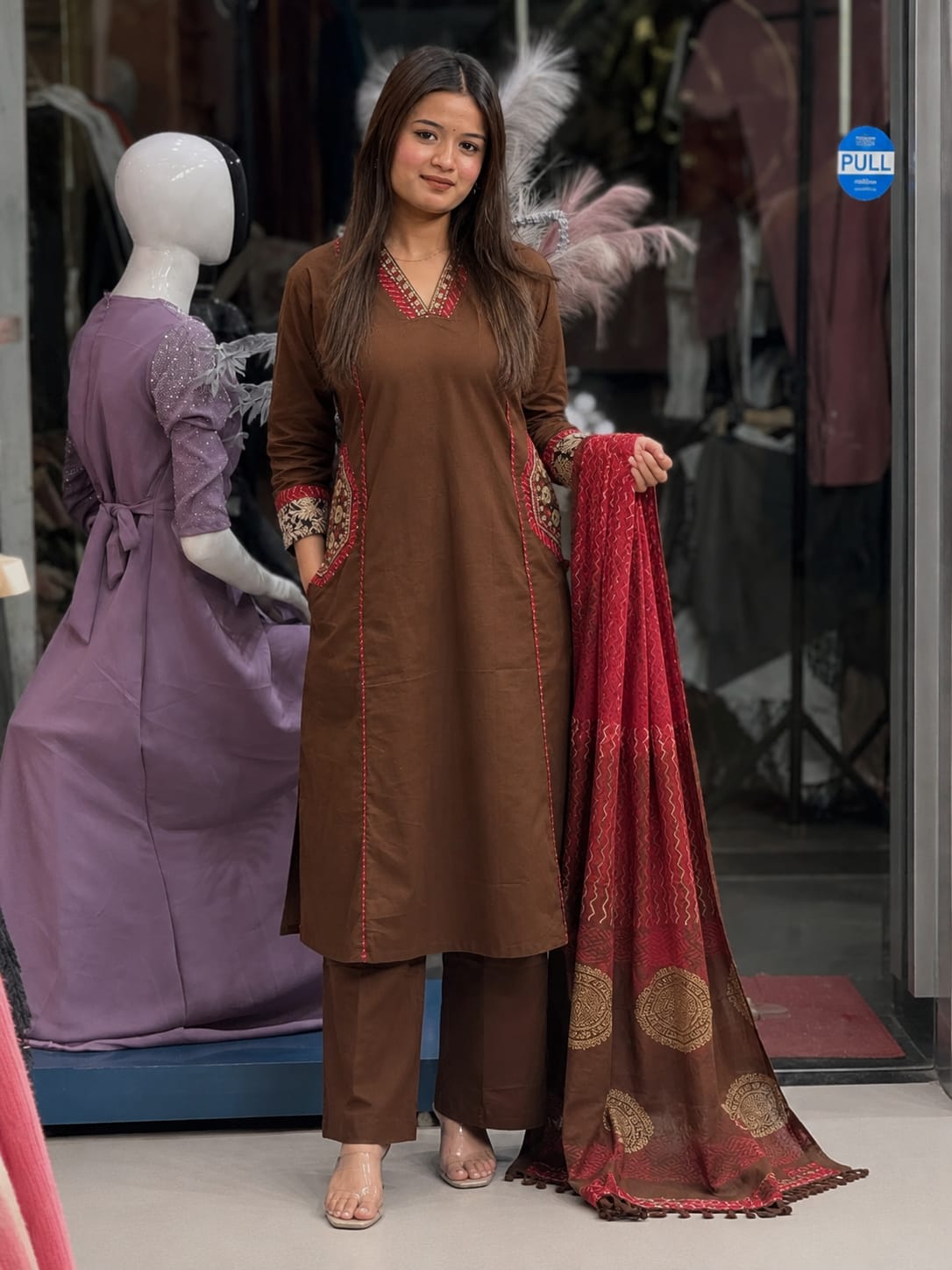 Premium Pure Cotton Embroidered Suit Set with Dupatta and Pockets (AJMD03)