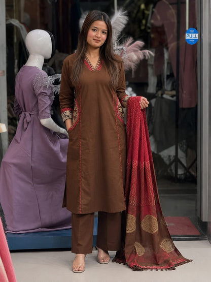 Premium Pure Cotton Embroidered Suit Set with Dupatta and Pockets (AJMD03)