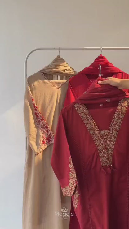 Elegant RED Ethnic Kurta Set with Subtle Gold Embroidery and Soft Plain Dupatta for Festive and Casual Wear (BMY01)