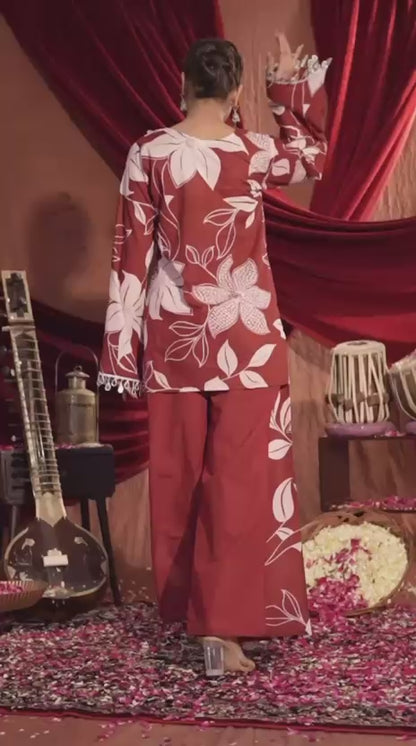 Festive Elegance with this Stunning Maroon Floral Coord Set