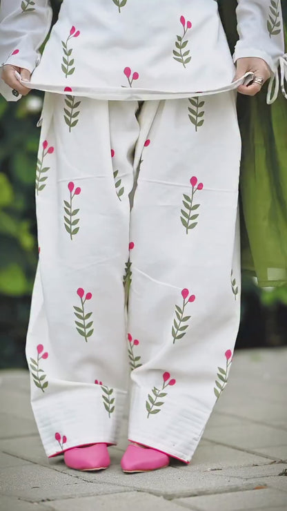 White Floral Cotton Kurta Set with Pant & Dupatta for Women