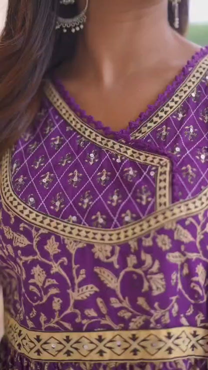 Royal Purple Printed Anarkali Suit Set with Dupatta, Ethnic Festive Wear for Women ( KT002 )